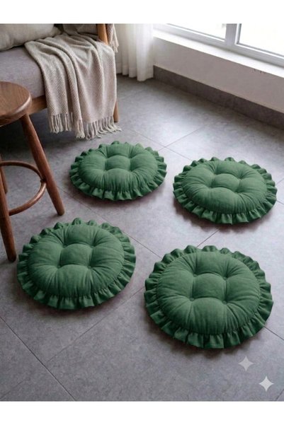 MoMMe FIRFIRLI SANDALYE MİNDERİ SAÇAKLI FIRFIRLI OVAL 45 CM ÇAPINDA 4 ADET YEŞİL