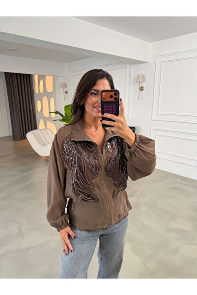 Elif Özbey Butik Kahverengi Pul İşlemeli Cepli Fermuarlı Ceket