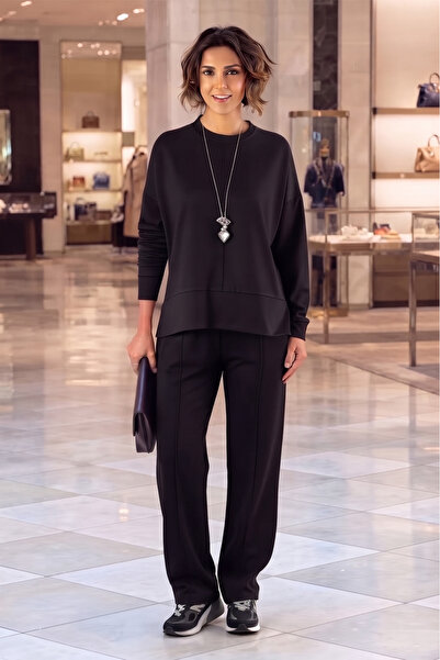 Nevin Kaya Moda Black Modal Fabric Striped Pants and Blouse Set