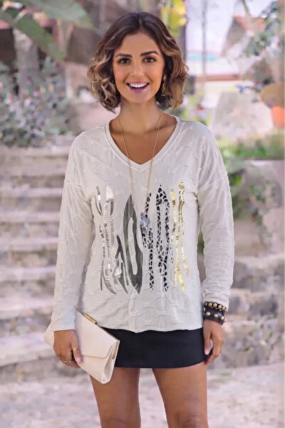 Nevin Kaya Moda White Foil Gilded Cotton Italian Blouse