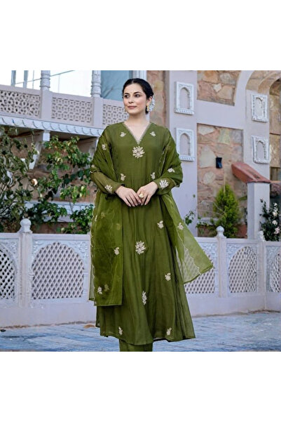 MYSMAR Green Embroidered Anarkali Kurta and Pant with Dupatta - ALV2123-Green...