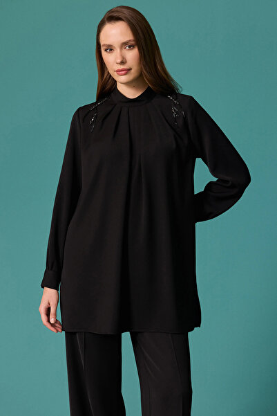 SEÇİL Women's Stone Embellished Pleated Collar Tunic Black