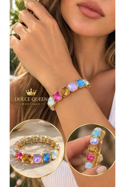 DOLCE QUEEN Colorful Sparkling Stone Gold Detailed Elastic Women's Bracelet