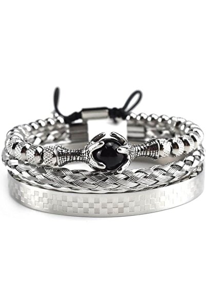 GENERAL 3 Pcs Stainless Steel Bracelets for Men – Silvery Roman Numeral Bangl...
