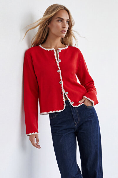 Trend Alaçatı Stili Women's Red Crew Neck Buttoned Cardigan with Shepherd Sti...