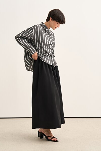 EBU Prive Women's Poplin Oversize Short Shirt Black Striped
