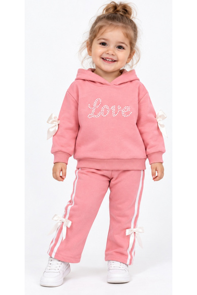 İrem Çocuk Giyim Girl's Love Written Hooded Wide-Leg Model Pink Color Tracksu...