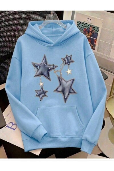 UNCİA OUTDOORS Women's Chain 4 Star Printed Oversized Hooded Sweatshirt