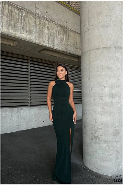 Şeker Portakalım Bicycle Slit Fish Tail Evening Dress with Collar Cutout