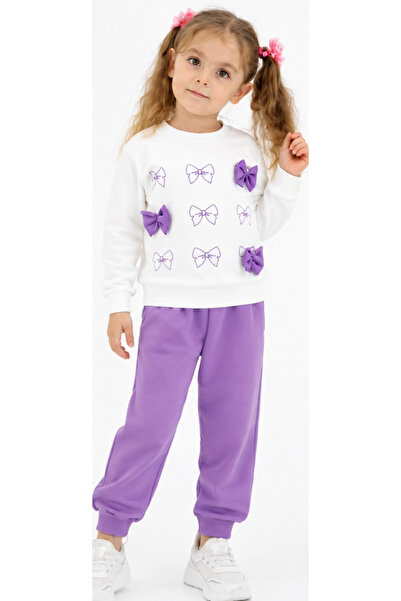 İrem Çocuk Giyim Girl's Bow Detailed Bow Patterned Lilac Color Tracksuit Set