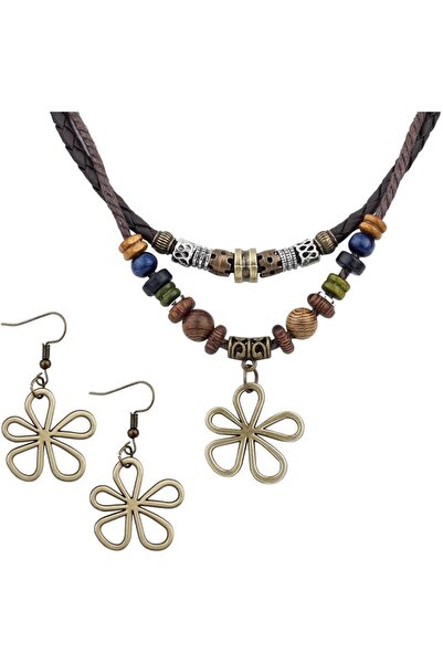 TERRIFI Multi Layer Wood Bead Necklace with Hollow Flower Earrings, Boho Hipp...