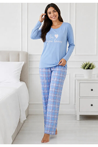TOSKI Pijama de dama din 2 piese, bluza cu maneca lunga si mesaj text, pantal...
