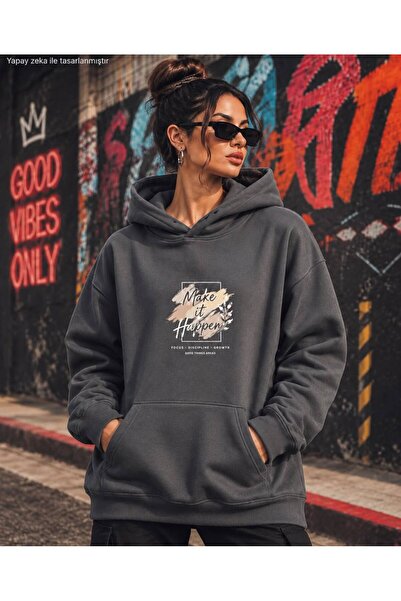 EMMODA Women's Typographic Make It Happen Graphic Printed Hooded Kangaroo Poc...