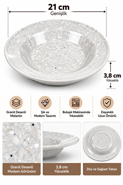 Binbirreyon 6 Adet Granit Desenli Melamin Çukur Tabak 21cm Ev Lokanta Tipi Tabak RA681