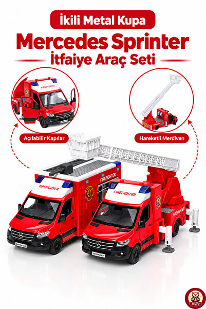 giffy Oyuncak 1:38 Metal Kupa Mercedes Sprinter İtfaiye Araç Seti 2’li Diecas...
