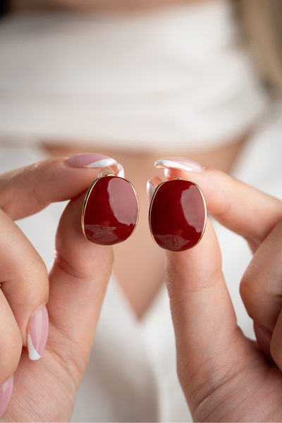 Zundesilver Modern Tasarım Bordo Mineli Çivi Küpe