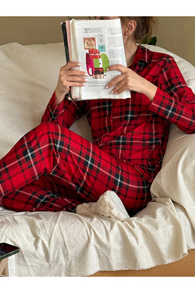 Hepsi Moda Ekose Desen Süet Pijama Takımı - Kırmızı