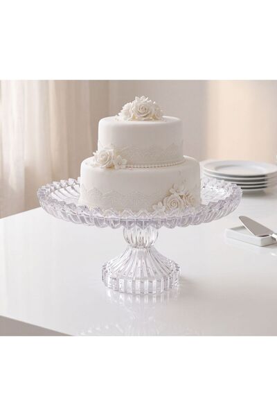 ARVALE Crystal Cut Serving Plate with Stand, Large Size Glass Cake and Presen...