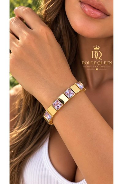 DOLCE QUEEN Lilac Sparkling Stone Gold Detailed Elastic Women's Bracelet
