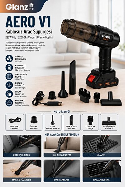 Glanz Aero V1 Kablosuz Araç Süpürgesi 220W 22000Pa Güçlü Vakum ve Üfleme Özel...
