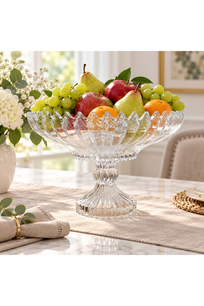 ARVALE 30 cm Glass Fruit Bowl with Stand, Crystal-Looking Decorative Serving ...