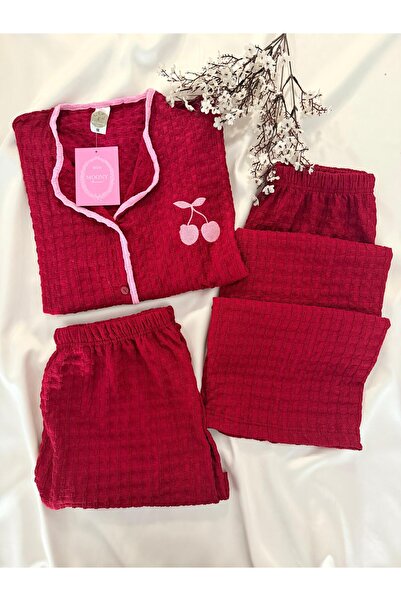 MH Moony Homewears طقم من 3 قطع باللون الأحمر الداكن فائق الفخامة بأكمام طويلة