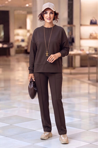 Nevin Kaya Moda Brown Modal Fabric Striped Pants Blouse Set