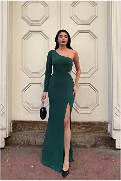 Şeker Portakalım Glittery Asymmetrical Single Fabric Dress with Draped Collar...