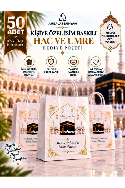 AMBALAJDÜNYAM 50 Adet Kişiye Özel İsim Baskılı Umre / Hac Temalı hediye Çatas...