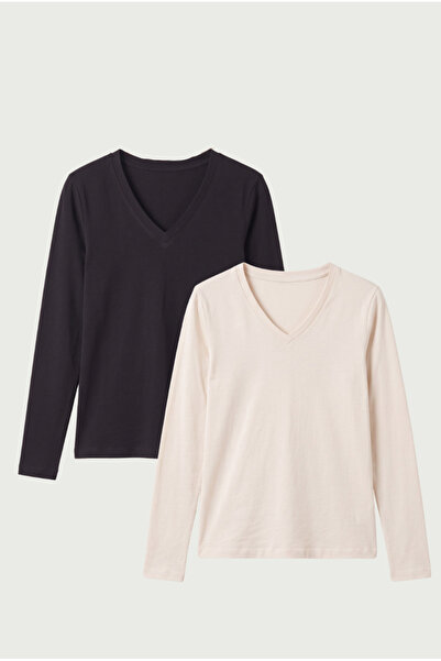 Kadın V Yaka Uzun Kollu %100 Pamuk Basic T-shirt (Siyah- Ekru 2'li Set)