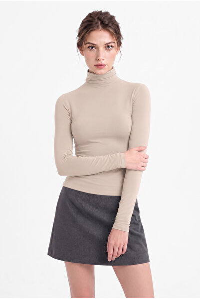 OLYNN Kadın Krem Balıkçı Yaka Uzun Kollu Premium Soft Modal Pamuk Bluz