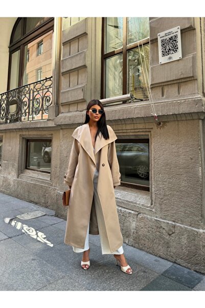 LE CARAMBOLE Women's Stone Double-Breasted Belted Trench Coat