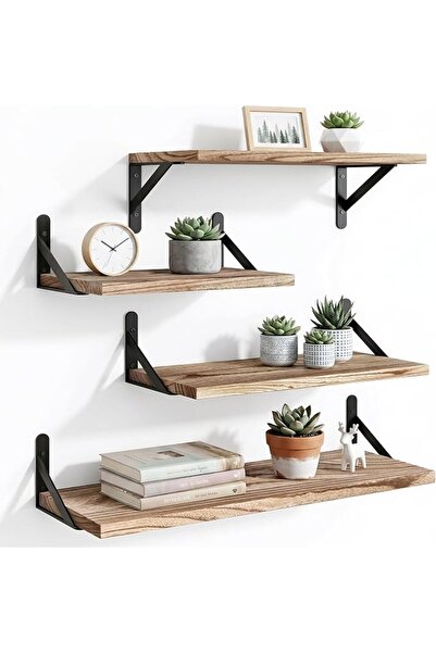 YGEOMER Floating Shelves, Rustic Wood Shelves, 4 Sets of Wall Mounted Shelf f...