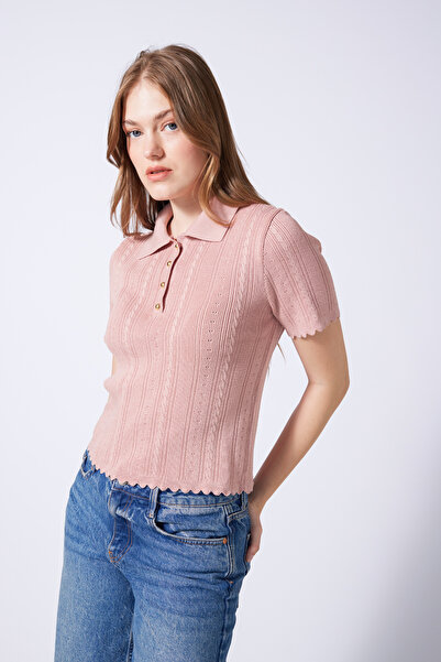 Nisan Polo Collar Button Detail Tricot Blazer Pudra