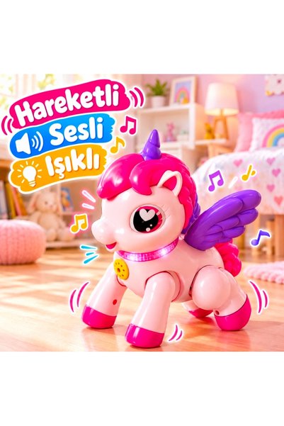 feys shop Pilli Hareketli Sesli Müzikli Işıklı Oyuncak Unicorn Pony At