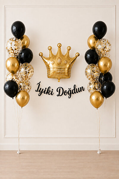 BalonArt Siyah Gold Taçlı Yetişkin Doğum Günü Balon Seti 73x69 Cm Taç Folyo K...