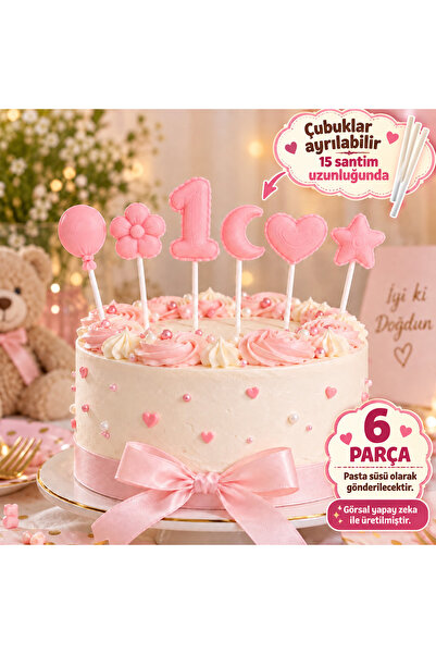 hediyesepetinde Pembe 1 Yaş Pasta Süsü 6 Parça Set | Balon/ Çiçek/ 1 /Ay /Kal...