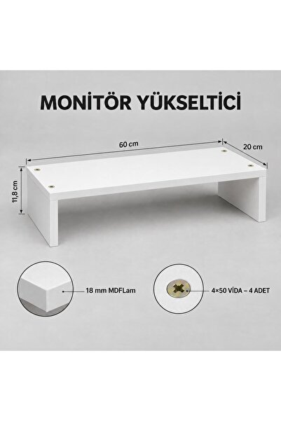 özçamlar mobilya Monitör Yükseltici 60x20x11,8 cm Beyaz MDF