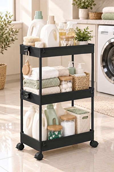 Gogoya Rolling Utility Storage Cart, 3-Tier Foldable Organizer Trolley with L...