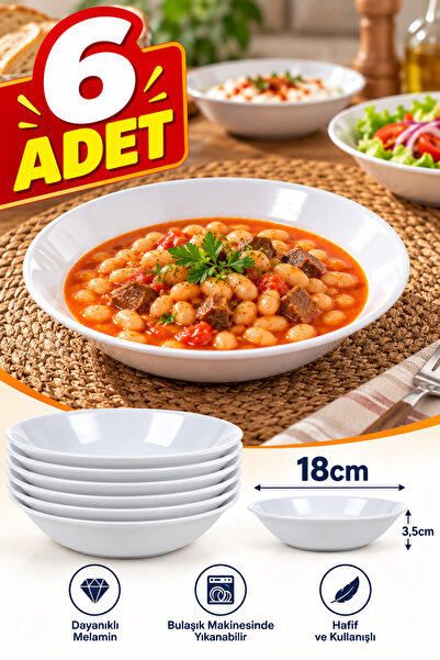 Binbirreyon 6 Adet Çukur Melamin Tabak 18cm Beyaz Lokanta Ev Tipi Tabak RA677