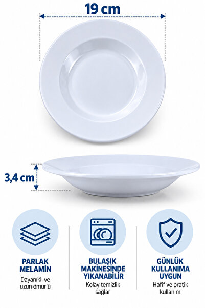 Binbirreyon 6 Adet 19cm Melamin Tabak Lokanta Ev Tipi Çukur Tabak Parlak Beyaz RA679