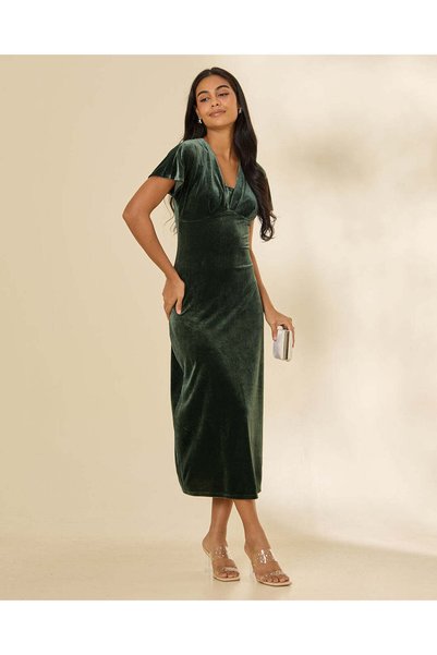 REDTAG Women Olive Plain V Neck Velour Dress