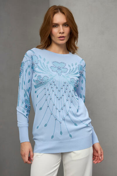 velle velente 3D İnci ve Taş İşleme Detaylı Rayon iplik Merserize Triko