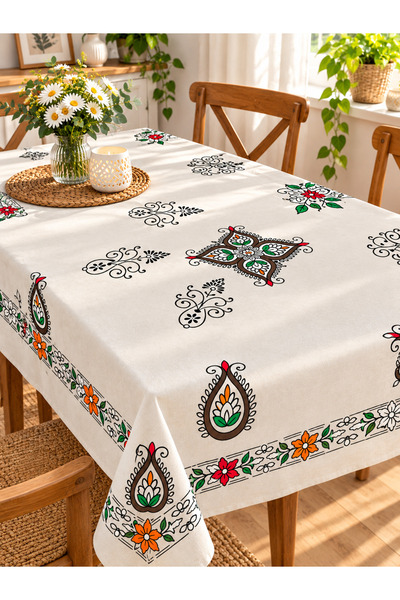 Tokat Baskısı Keten Masa Örtüsü –210 cm-145 cm El Baskısı Geleneksel Desenli Dekoratif Sofra Örtüsü / Çiçek Desenli Masa Örtüsü – Renkli Dekoratif Yemek Masası Örtüsü – Şık Ev ve Mutfak Dekoru-
