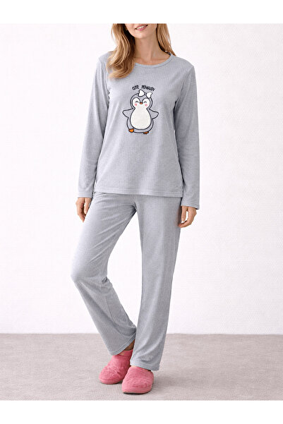 Hepsi Moda Penguen Peluş Kabartmalı Pijama Takımı - Gri