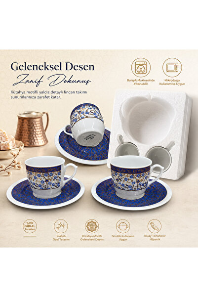 Güral Porselen Yaldızlı Kütahya Motifli Türk Kahvesi Fincan Takımı 2 Kişilik