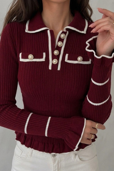 oshebu Women's Polo Neck Pearl Buttoned Ruffled Ribbed Knit Sweater