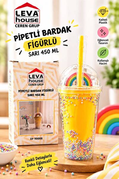 LEVA Yellow Cup with Straw and Figure 450ml