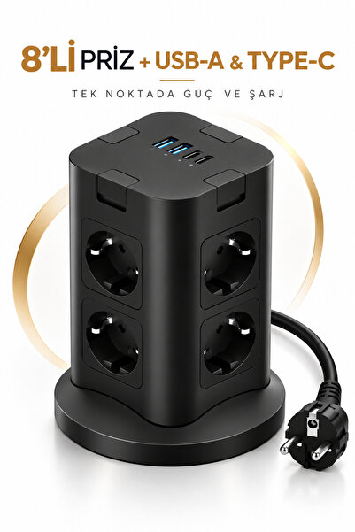 RAYLAX 8’li Çoklu Priz USB-A + Type-C Şarj Girişli Güç ve Şarj İstasyonu