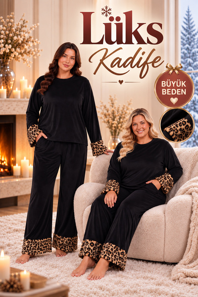 Jenny Daphne Kadın Büyük Beden Kadife Pijama Takımı Leopar Desenli Peluş Deta...